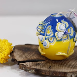 Easter egg Carved Candle Stand with Ukraine Blue and Yellow Handmade