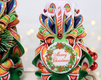 Illuminate Your Home with a Hand Carved Rainbow Christmas Candle - Magical Ambiance Guaranteed