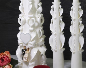 Carved Wedding Unity Candle Set: White Paraffin Pillar and Tapers
