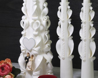 Complete Wedding Unity Candle Set - Stylish Paraffin Pillar and Taper Candles - Carved White Classical Design