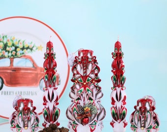 Hand carved candle set for home decor or Christmas gift idea, Pillar candles, Happy Christmas, Red Christmas home decor