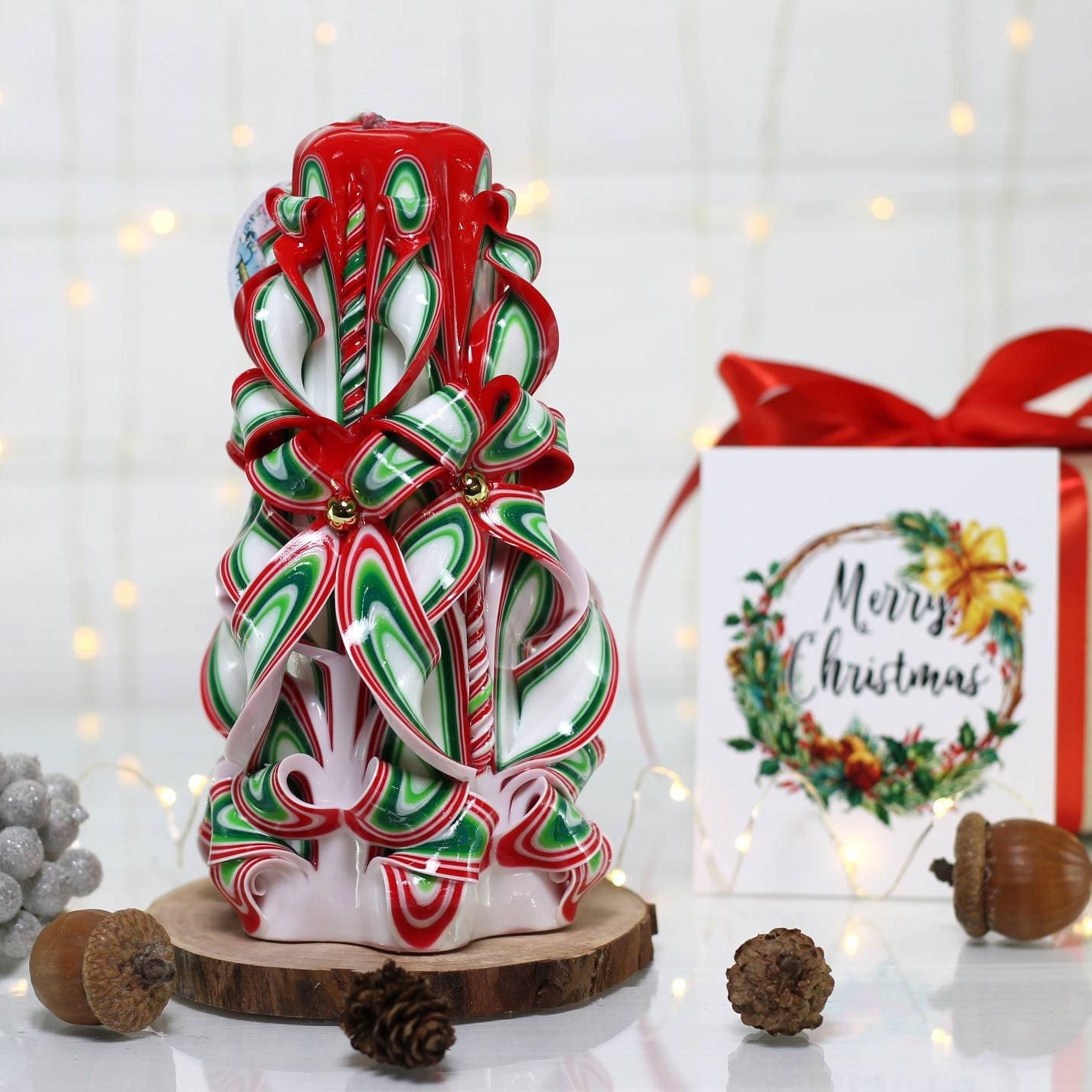 Magical Christmas Tree Carved Candle - Handcrafted Holiday Decor for the Living Room