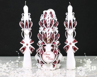 Unity Candle Set for ceremony paraffin pillar and taper candles - Wedding hand carve candle set Marsala, Burgundy colors