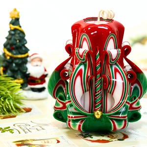 Hand-Carved Christmas Candle: Multi-Colored Holiday Decor
