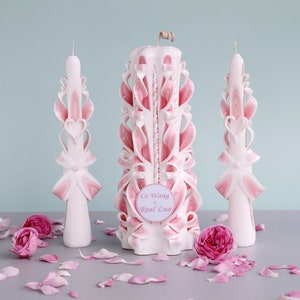 Personalized Pink Carved Unity Candle Set: Wedding Pillar and Taper Candles