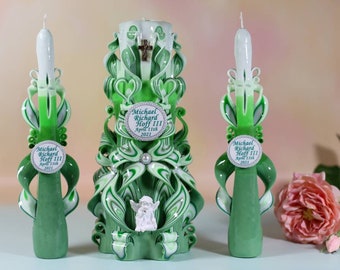 Personalized Christening carved candles, White and Green home decor