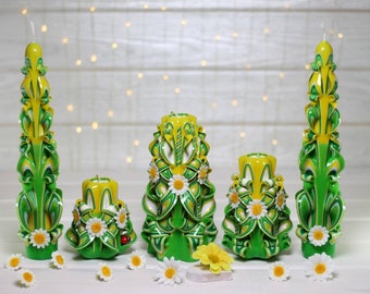 Carved Daisy Candles: Set of 5 Decorative Floral Candles