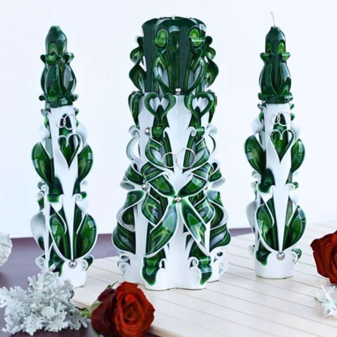 Emerald Green and White Wedding Carved Candle Set - Personalized Unity ...