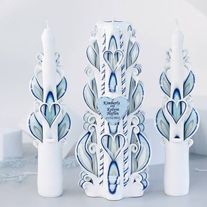 Personalised Wedding carved candles set white, blue and gray colors, Unity Candle set for ceremony  pillar and taper candles.