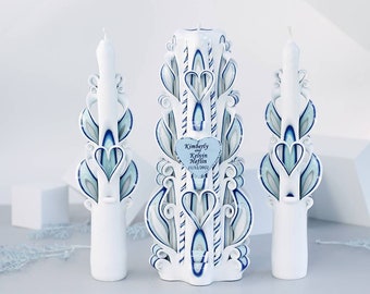 Personalized Carved Wedding Candle Set: White, Blue & Gray Unity Candles