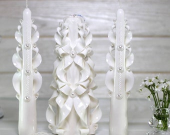 Unity Ceremony Candle Set, Paraffin Column & Tapered Candles - Handmade Wedding Candle Set, White Classic