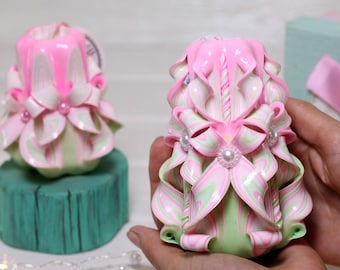 Hand Carved Candle - Pink and Light Green | Unique Home Decor & Gift for Special Occasions