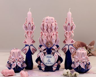 Unique Blush Pink and Navy Blue Wedding Candle Set | Memorable Artistic Style | Enhance Your Decor