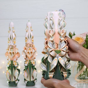Unique Carved Candles - Perfect Wedding Gift or Home Decoration in Green and Peach