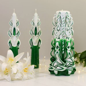 Set of romantic candles, Pillar  hand carved candles,Emerald candles