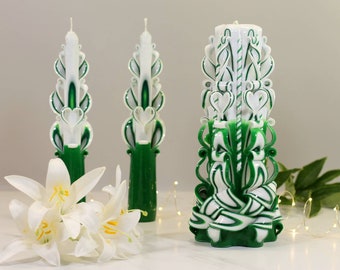 Set of romantic candles, Pillar  hand carved candles,Emerald candles