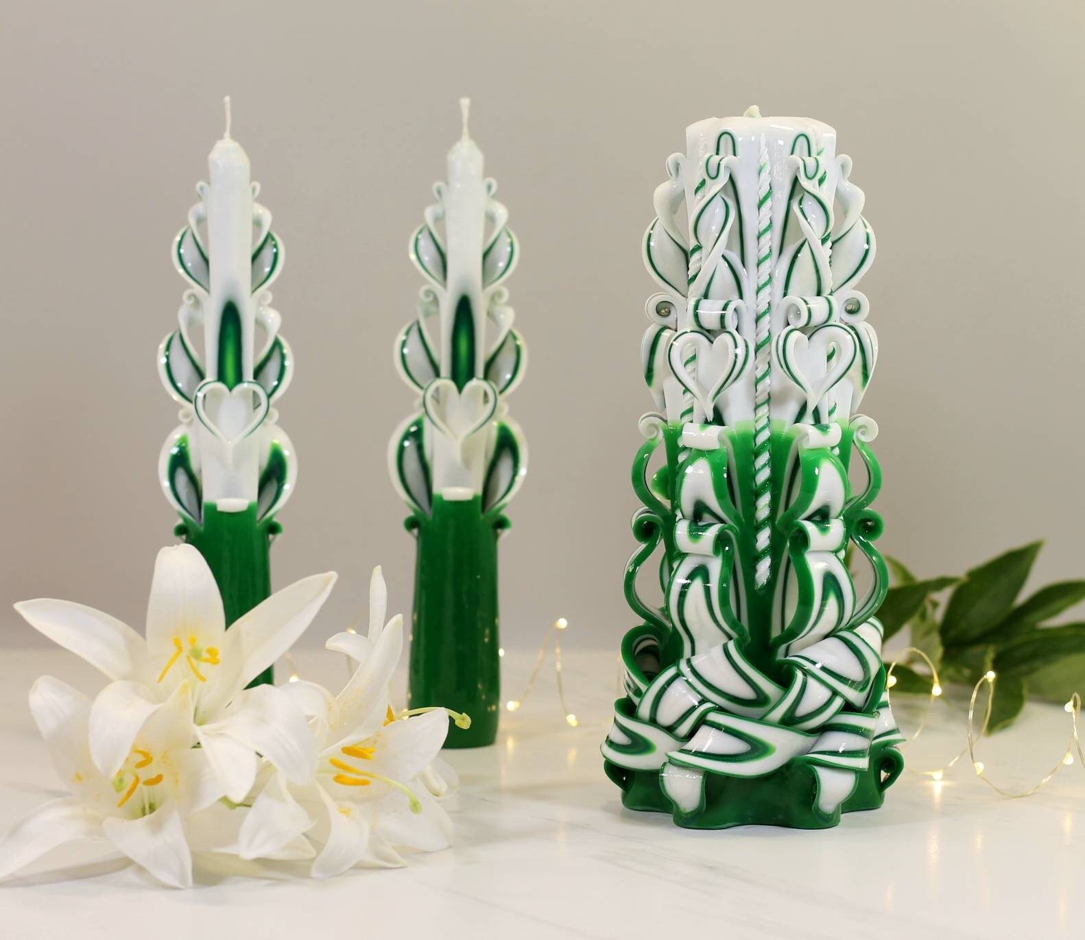 Set of romantic candles Pillar hand carved candlesEmerald Etsy