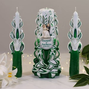 Elevate Your Wedding Decor with our Exquisite Emerald Unity Carved Candle Set