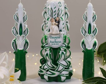 Elevate Your Wedding Decor with our Exquisite Emerald Unity Carved Candle Set