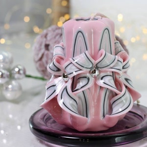 Pink & Gray Carved Candle: Unique Paraffin Wax Home Decor