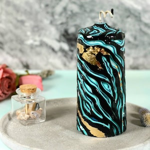 Handmade Carved Pillar Candle: Black, Blue & Gold Decor