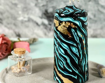 Handmade Carved Pillar Candle: Black, Blue & Gold Decor