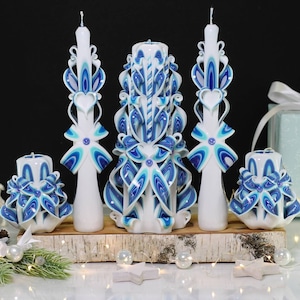 Handcrafted Carved Candle Set: Royal Blue Christmas Decor