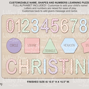 Rompecabezas de formas, números y nombres personalizables para niños, alfabeto incluido, rompecabezas de madera Montessori SVG para aprendizaje infantil, archivos listos para usar con láser Glowforge
