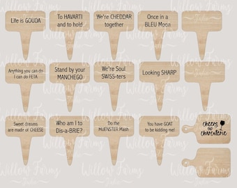 May include: A set of 14 wooden cheese board markers with funny cheese-themed puns. The markers are designed to be used as food labels for a cheese board. The markers are laser cut and come in a digital download format.