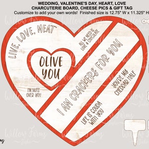 Tabla de charcutería y palillos de queso para San Valentín, juego personalizable, corazón, amor, regalo de boda, aniversario, chef, regalo de anfitriona, listo para láser Glowforge
