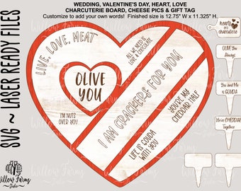 Herz Charcuterie Board & Käse-Picks: Personalisierbares Valentinstagsgeschenk (SVG, PDF)