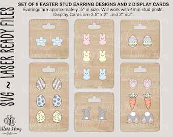 Easter Stud Earrings and Display Cards SVG Set of 9 Earrings and 2 Display Cards Customizable Laser Glowforge CNC Silhouette Curio Cricut