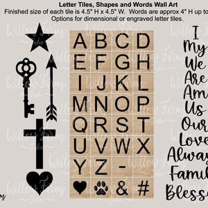 Paquete de formas y palabras con letras y mosaicos para decoración de pared familiar Archivos listos para CNC para láser Glowforge Silhouette Cricut