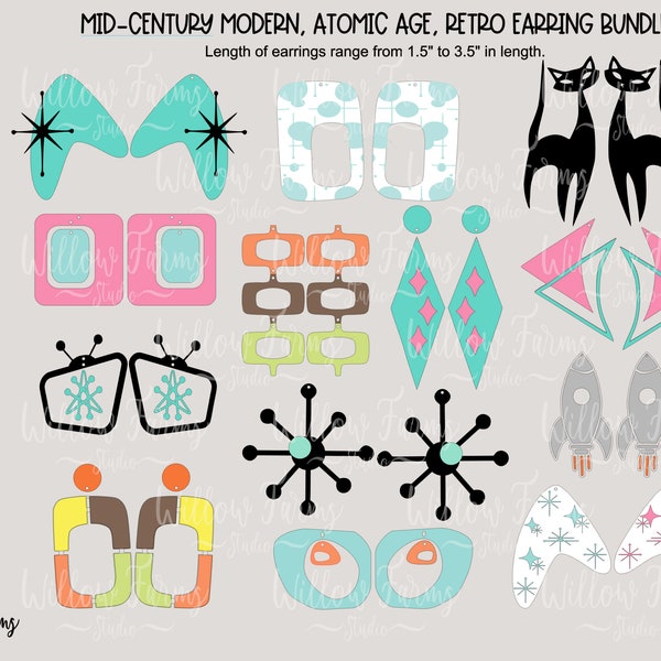 Mid-Century Modern, Atomic Age, Retro Earrings SVG Bundle Set of 13 Laser Ready Files Glowforge CNC Cricut Silhouette