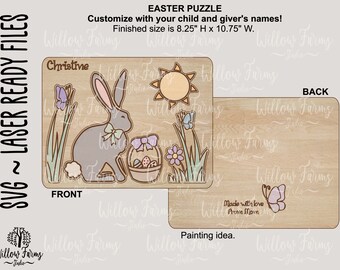 May include: A wooden Easter puzzle with a bunny, flowers, and a sun. The puzzle is 8.25 inches high and 10.75 inches wide. The front of the puzzle has a bunny with a bow, a basket of eggs, and flowers. The back of the puzzle has the text "Made with love from Mom".