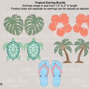 Tropische Ohrringe SVG 5er Set Monstera Blatt Palmen Flip Flops Hibiskus Blume Meeresschildkröte SVG CNC Laser bereit Dateien Glowforge