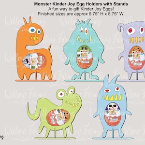 Puede incluir: Cinco soportes para huevos con forma de monstruo de colores con soportes. Cada soporte está diseñado para contener un huevo Kinder Joy. Los soportes miden aproximadamente 17,1 cm de alto y 14,6 cm de ancho.