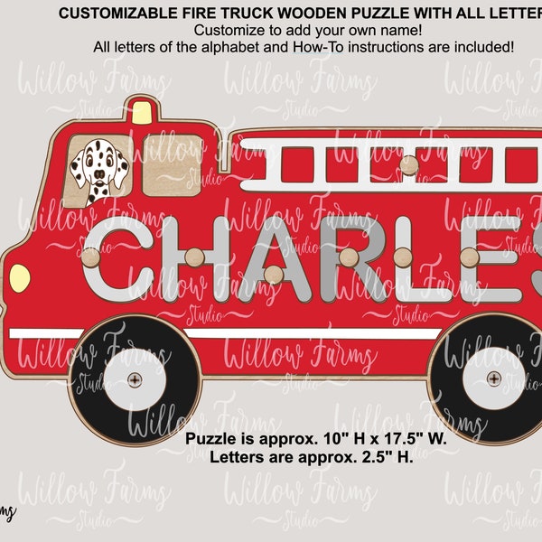 Childs Name Puzzle Fire Truck Customizable - Full Alphabet Included SVG Montessori Children's Learning Laser Ready Files Glowforge