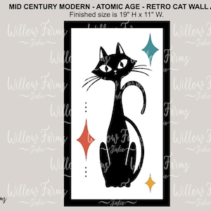 May include: Black silhouette of a cat with a retro mid-century modern design. The cat is surrounded by colorful geometric shapes. The image is framed in black and has the text "Finished size is 19" H x 11" W."