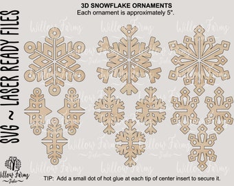 3D Snowflake Ornaments Christmas Decor SVG Laser Ready Files Glowforge