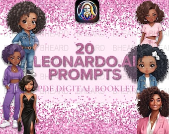 May include: A pink and white digital booklet with the text "20 Leonardo.ai Prompts" and a pink glitter background. The booklet features illustrations of cartoon girls with different hairstyles and outfits.