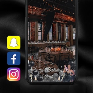 Schwarz und Silber alles Gute zum Geburtstag Snapchat Filter, Facebook Instagram Filter, Party Dekoration, 50er, 40er, 60er, Luftballons Konfetti Champagner