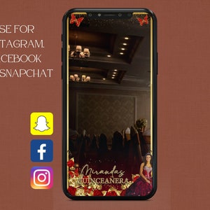 Quinceanera Filter, Red Dress, Snapchat, Instagram, Facebook, Filter, Mis 15, Mis XV, Birthday Party Filter, Gold, Butterflies, roses image 1