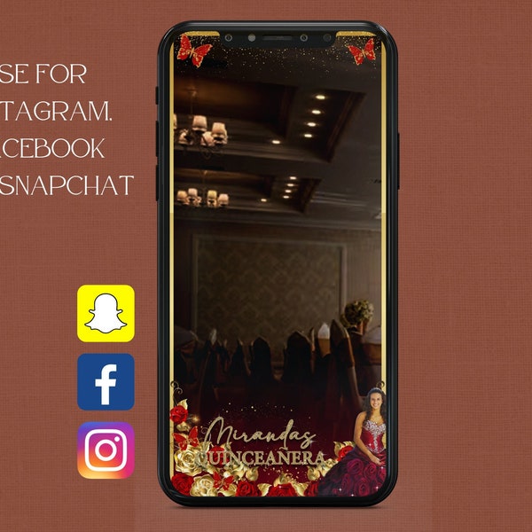 Quinceanera Filter, Red Dress, Snapchat, Instagram, Facebook, Filter, Mis 15, Mis XV, Birthday Party Filter, Gold, Butterflies, roses