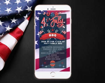 4th of July Invitation, Independence Day, Digital, American Flag, Editable Canva Template, Birthday BBQ, Text Invite, Phone