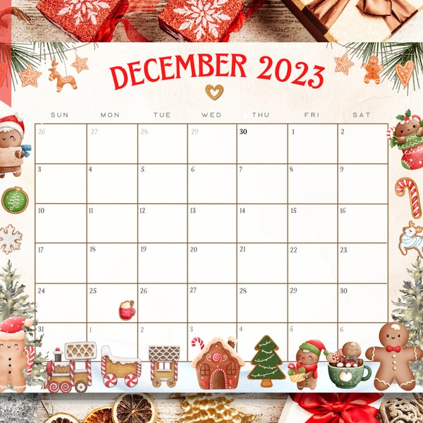 Christmas Calendar 2023 , Gingerbread Calendar 2023, Winter Calendar 2023, December Calendar 2022, Ginger Bread, Printable, Printer Friendly
