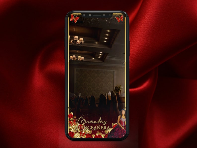 Quinceanera Filter, Red Dress, Snapchat, Instagram, Facebook, Filter, Mis 15, Mis XV, Birthday Party Filter, Gold, Butterflies, roses image 2