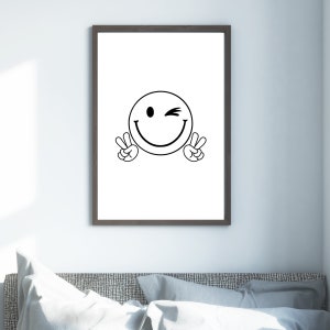 Emoji Print, Back and White Emoji Print, Winky Face Emoji, Digital Download, Trendy Wall Art, Funny Prints, Office Decor Bedroom Decor.