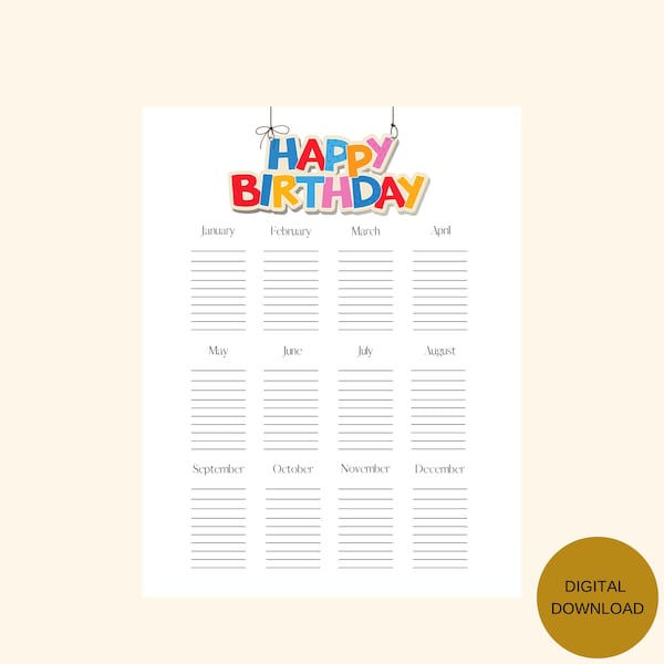 Birthday Tracker, Printable Birthday Calendar, Birthday Reminder, Planner