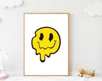 trendy funky smiley face print, smiley face print, melting smiley face print, digital download, trendy wall art, trendy prints, gift idea.